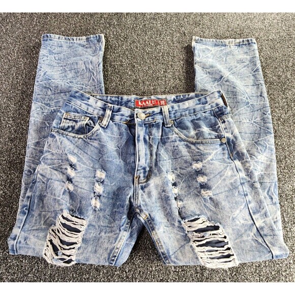 KAALU Mens Blue Jeans 32*30.5 Straight Leg Ripped Acid Wash Denim Distressed 90s - Picture 1 of 15